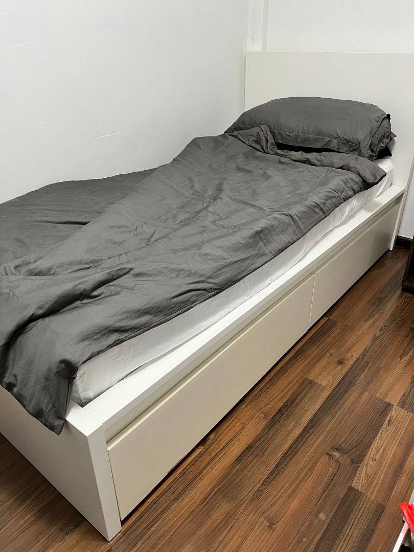 IKEA Malm single storage bed with mattress, Furniture & Home Living