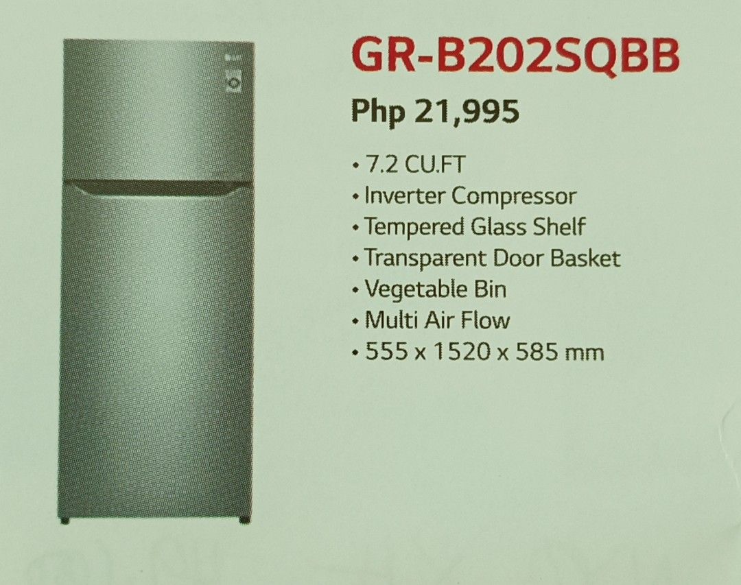 LG inverter no frost refrigerator 7.2 cu.ft GRB202sqbb, TV & Home