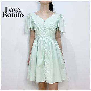 Love Bonito Alani Piping Button Down Dress Blue Green Aqua Full Button V-Neck Babydoll Puff Mini Dress Party Terusan Pendek Biru Hijau Cute Pesta Lengan Pendek Obi Thrift