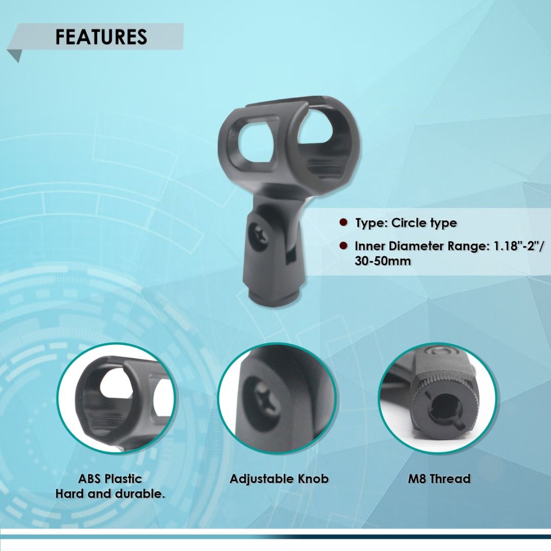 MICROPHONE CLIP M8 CIRCLE TYPE, FLEXIBLE MIC HOLDER HANDHELD WIRELESS, ADJUSTABLE ANGLE 30-50mm (Category: Microphones) located in Quezon City. Submitted by besteinpc (Listing ID 1219699031, Image 2). Description: MICROPHONE CLIP M8 CIRCLE TYPE, FLEXIBLE MIC HOLDER HANDHELD WIRELESS, ADJUSTABLE ANGLE 30-50mm FEATURES: 👉Material: ABS Plastic. Hard and durable. 👉Type: Circle type 👉Thread: M8 👉Inner Diameter Range: 1.18"-2"/30-50mm. BENEFITS: 👉