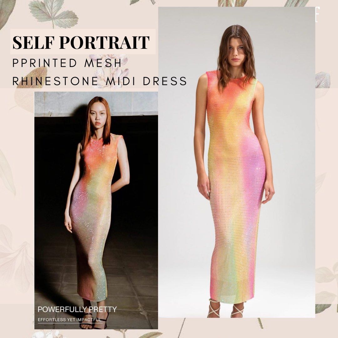 Self Portrait Printed Mesh Rhinestone Midi Dress in Rainbow
