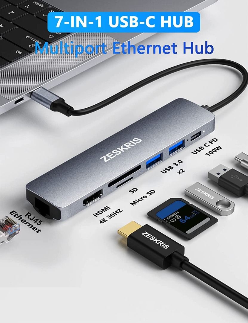 USB C Hub, ZESKRIS MacBook USB Adapter, 6-I-1 USB C Hub Multiport Adapter  with 2 USB 3.0 SD/Micro SD Card Reader 4K HDMI 100W PD for Macbook Air/Pro