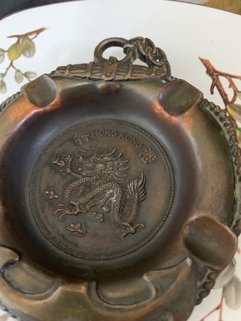 Vintage Hong Kong Mid Century Chinese Dragon Copper Tone Plated Ashtray