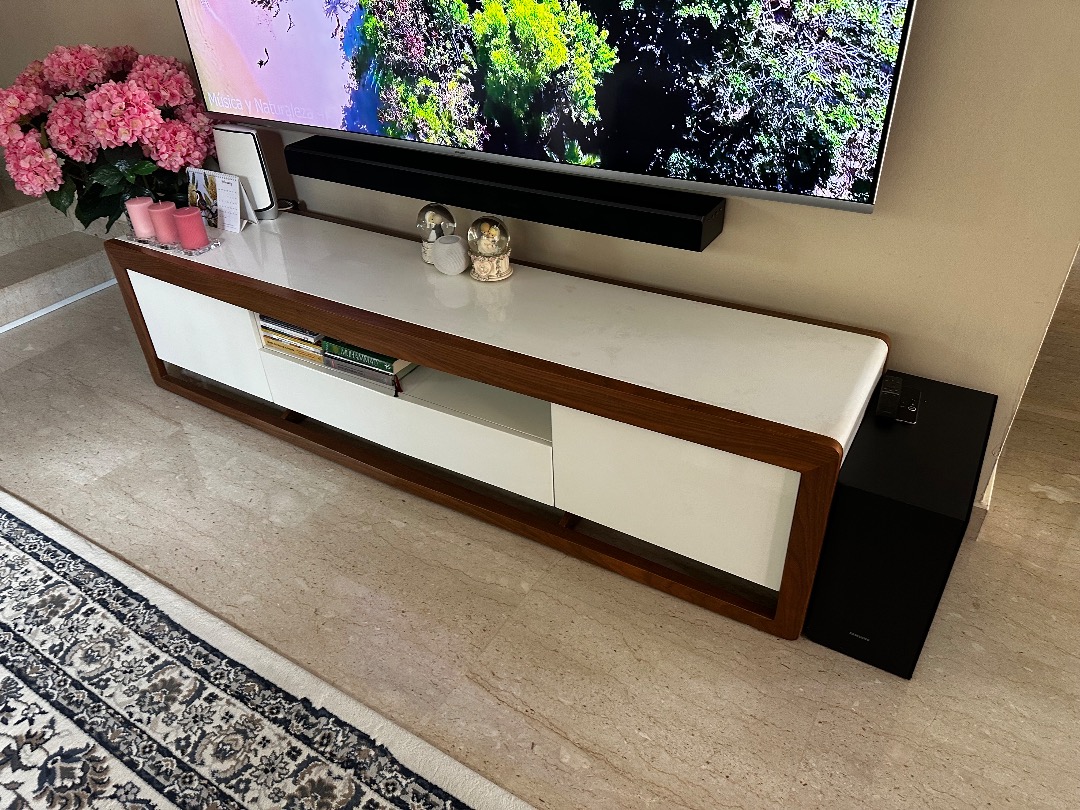 White & Wood TV Console (Side Doors & Centre Drawer), Furniture & Home