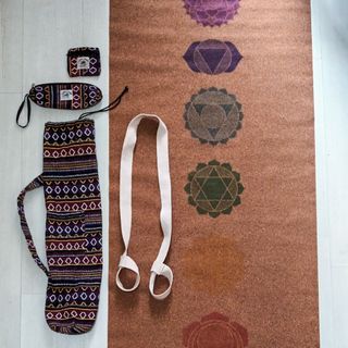 YOGA MAT SET: CHAKRAS CORK - RUBBER THIN TRAVEL MAT FROM INDIA with CARRYING STRAP plus HEMP TRIBAL MAT BAG, POUCH & PURSE MADE IN NEPAL
