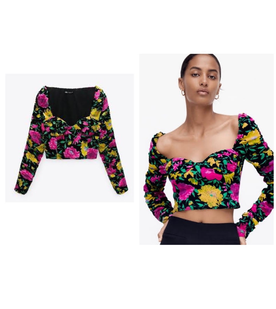 Zara floral print crop top, Women's Fashion, Tops, Blouses on Carousell