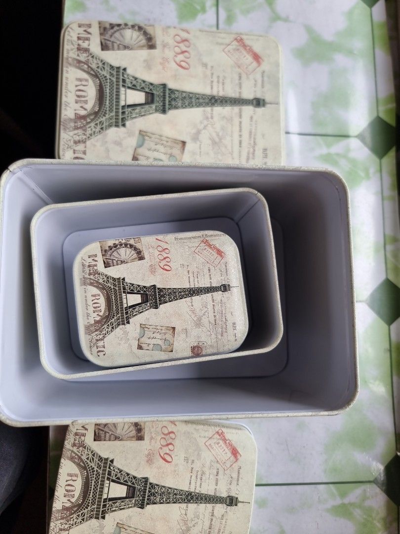 3-in-1 tin containers (Category: Storage Boxes & Baskets) located in Marikina City. Submitted by coketumbler (Listing ID 1221305251, Image 1). Description: RFS: Decluttering. Unused, so might as well sell it. For Metro Manila buyers only Payment: GCash.
