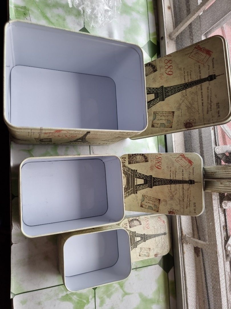 3-in-1 tin containers (Category: Storage Boxes & Baskets) located in Marikina City. Submitted by coketumbler (Listing ID 1221305251, Image 3). Description: RFS: Decluttering. Unused, so might as well sell it. For Metro Manila buyers only Payment: GCash.