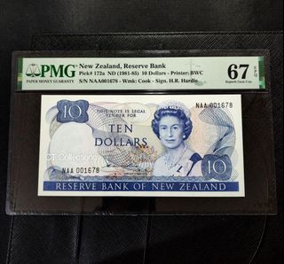 🇳🇿 1981-85 New Zealand, Reserved Bank $10 QE II Banknote, P172a Signature : Hardie - NAA First Prefix... PMG 67EPQ Superb Gem Unc