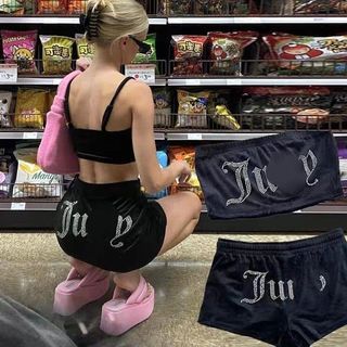 ♡ Juicy Couture Velour Diamante Track Shorts in Liquorice black [PO]