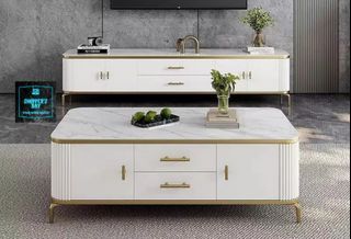 ALEXI Marble White Gold Tv Console Coffee Table Set