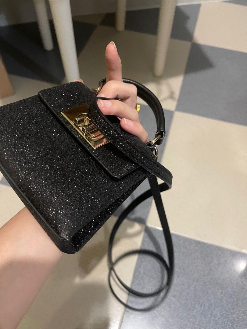 Authentic cheapest Furla Black shimmery small 2 way bag Luxury