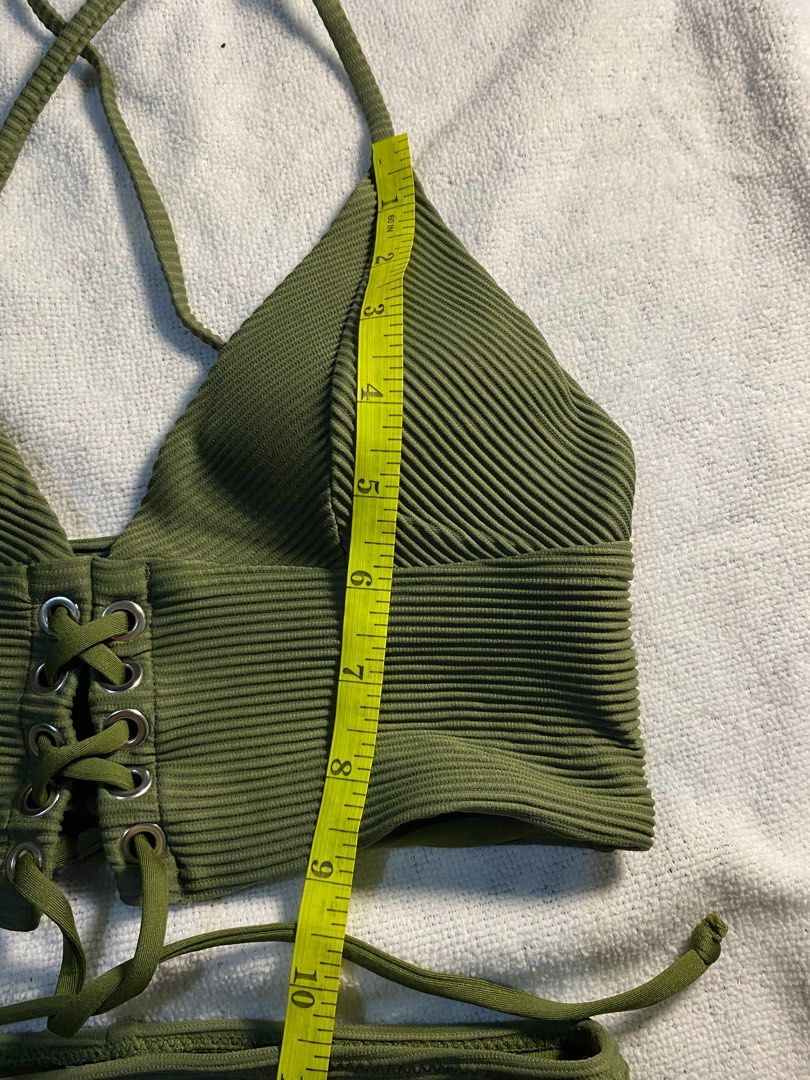 Halter Floral Print Tie-Up Sleeveless Army Green Bikini Set