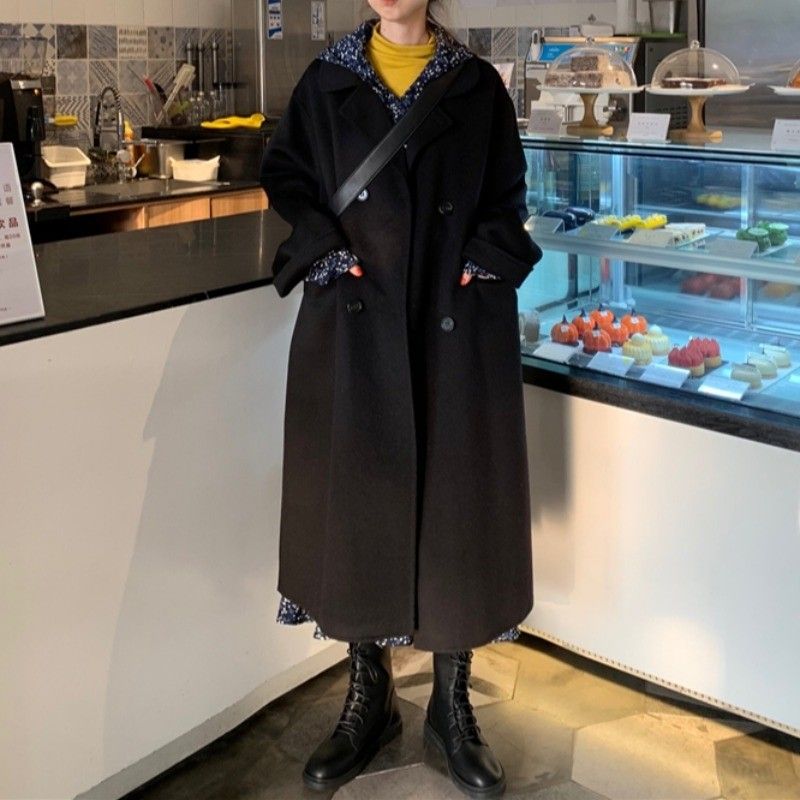 Black Chic Wool Coat For Early Autumn Winter