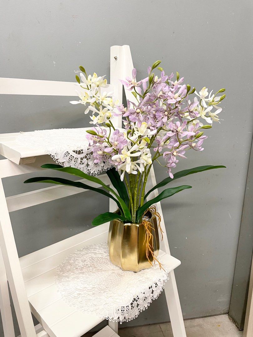 Busy artificial orchid in gold pot, Furniture & Home Living, Home Decor