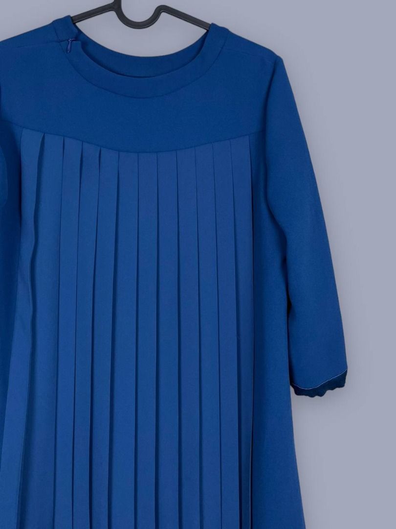 Claudie Pierlot Ribambelle pleated back crepe 3 4 sleeve dress in canard blue