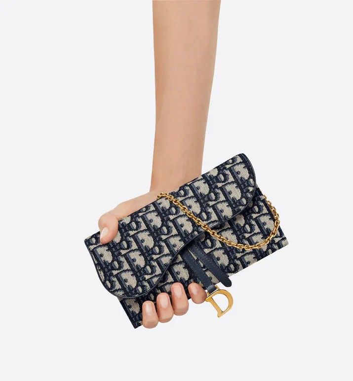 Long Saddle Wallet with Chain Gray Dior Oblique Jacquard  DIOR