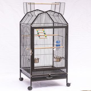 Front Acrylic Parrot cage with stainless steel cups, water bottle & ladder.Hammerspray wrought iron bird cage 45x45x77cm & 45x45x93cm.