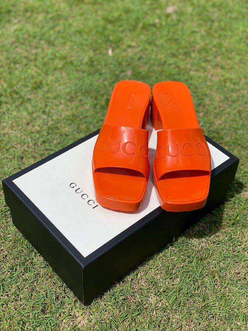Gucci Rubber Open Toe Slide Sandal Mules Orange Luxury Sneakers