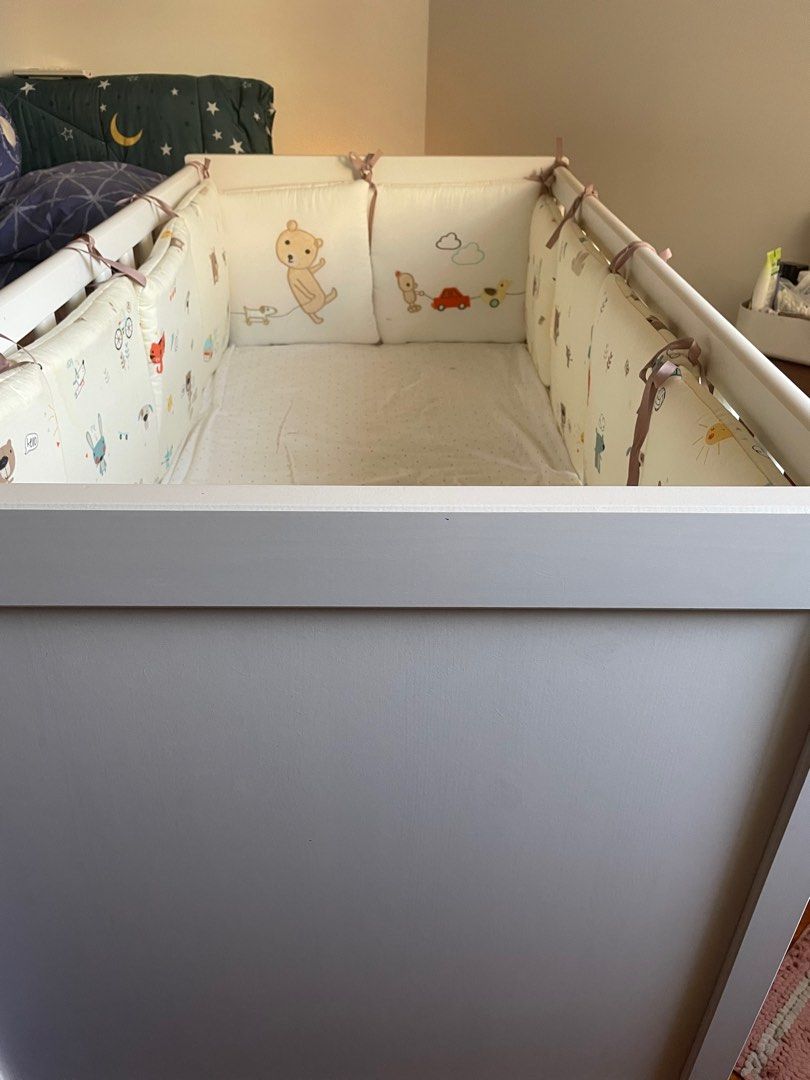 IKEA baby cot with mettress and bumpers, Babies & Kids, Baby Nursery