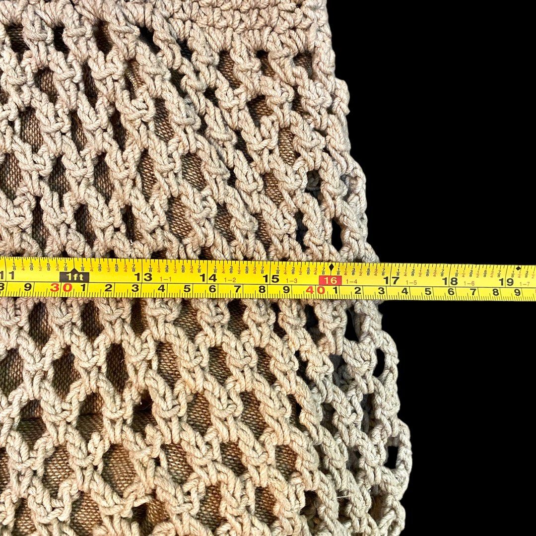 Knitted crochet nude beige beach shoulder bag with real leather handle, Women's Fashion, Bags