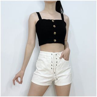 Korean White Jeans High Waist Strap Tied Front Short Hot Pants Shorts Celana Pendek Highwaist HW Putih Denim Tali Ikat Silang Casual Thrift