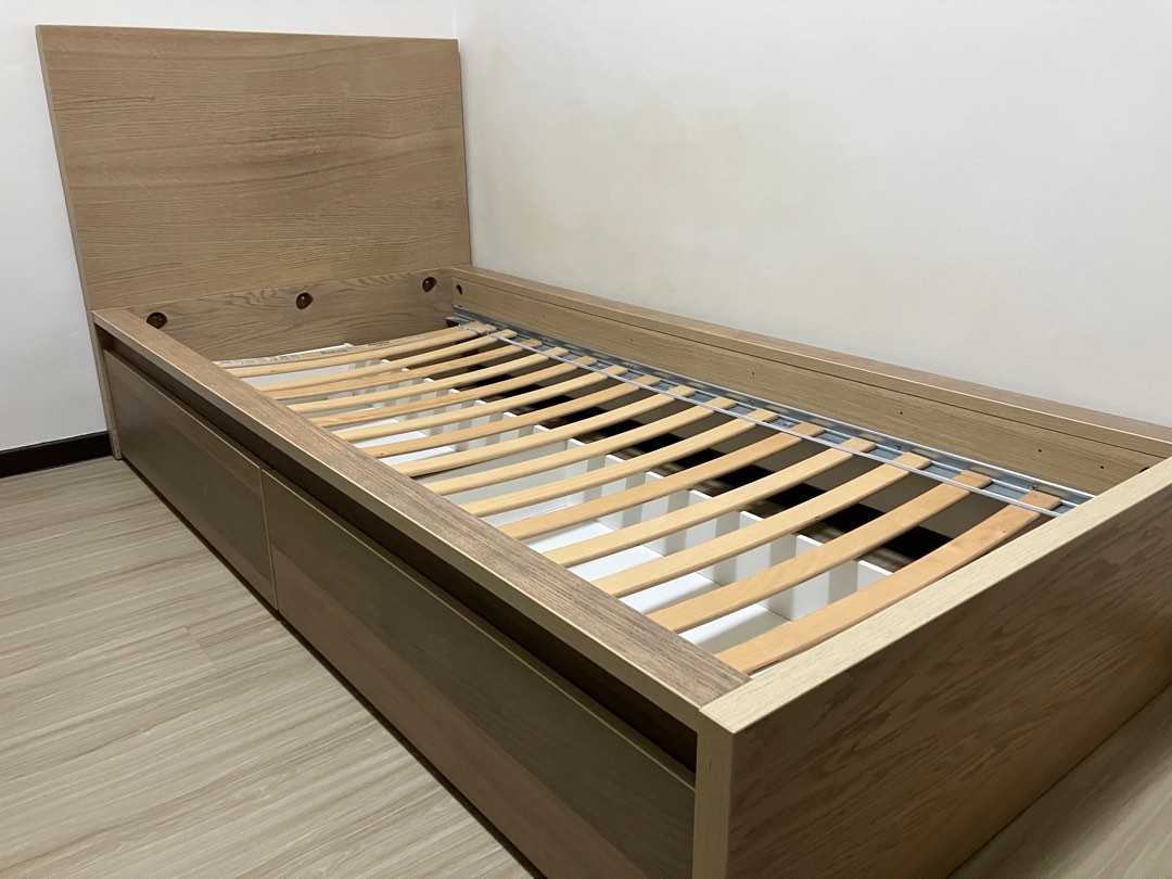 MALM Bed Frame with 2 Storage Boxes, stained oak veneer, 90x200 cm