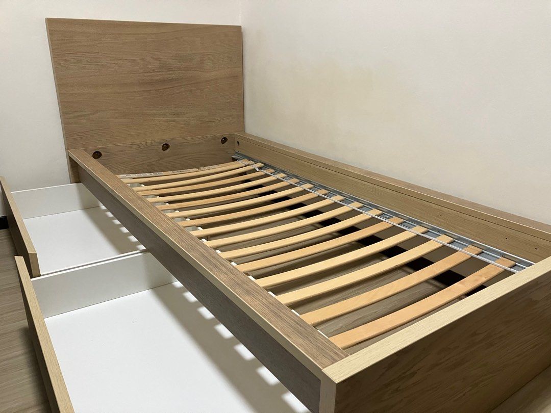 MALM Bed Frame with 2 Storage Boxes, stained oak veneer, 90x200 cm