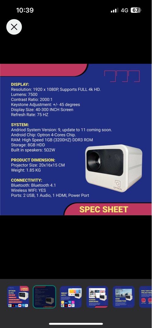 Optron Ultra Projector, TV & Home Appliances, TV & Entertainment ...