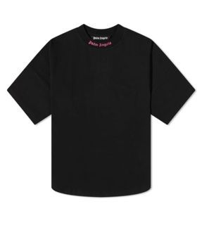 Palm Angels Classic Mock Neck Doubled Logo Tee Black Fuchsia