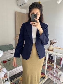 Premium semi crop blazer navy import korea brand TaiHongFuShi / luaran outer premium biru dongker kerja daily fashion casual basic blazer