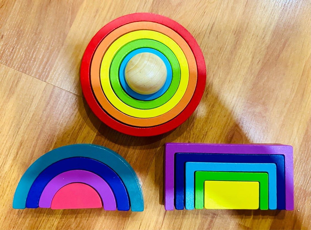 [Set of 15] Montessori Wooden Rainbow Stacking Shapes Toy, Hobbies ...