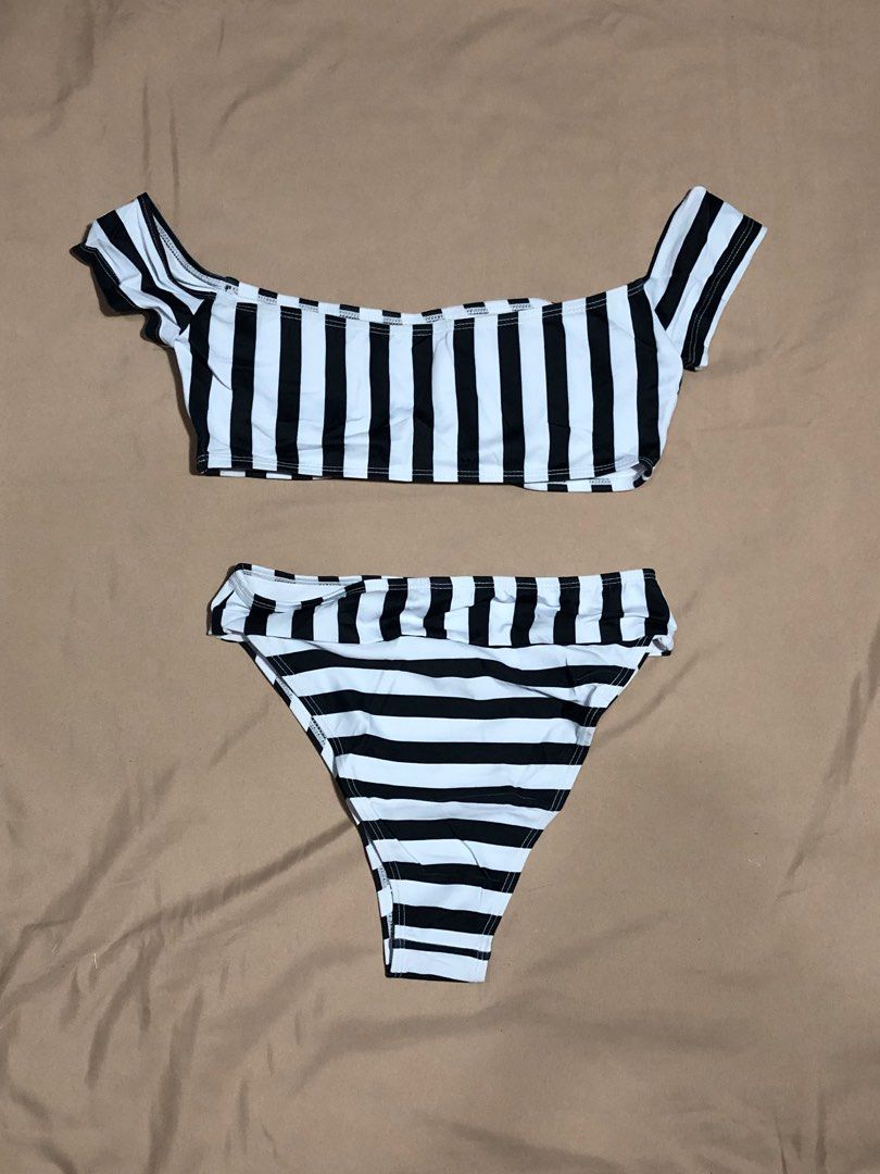 shein bikini black and white stripes off shoulder on Carousell