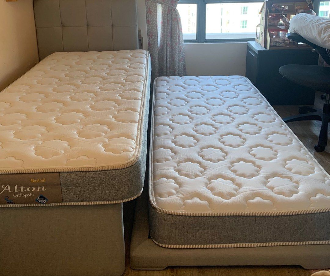 Super Single size pull out bed frame with 2 mattresses, Furniture