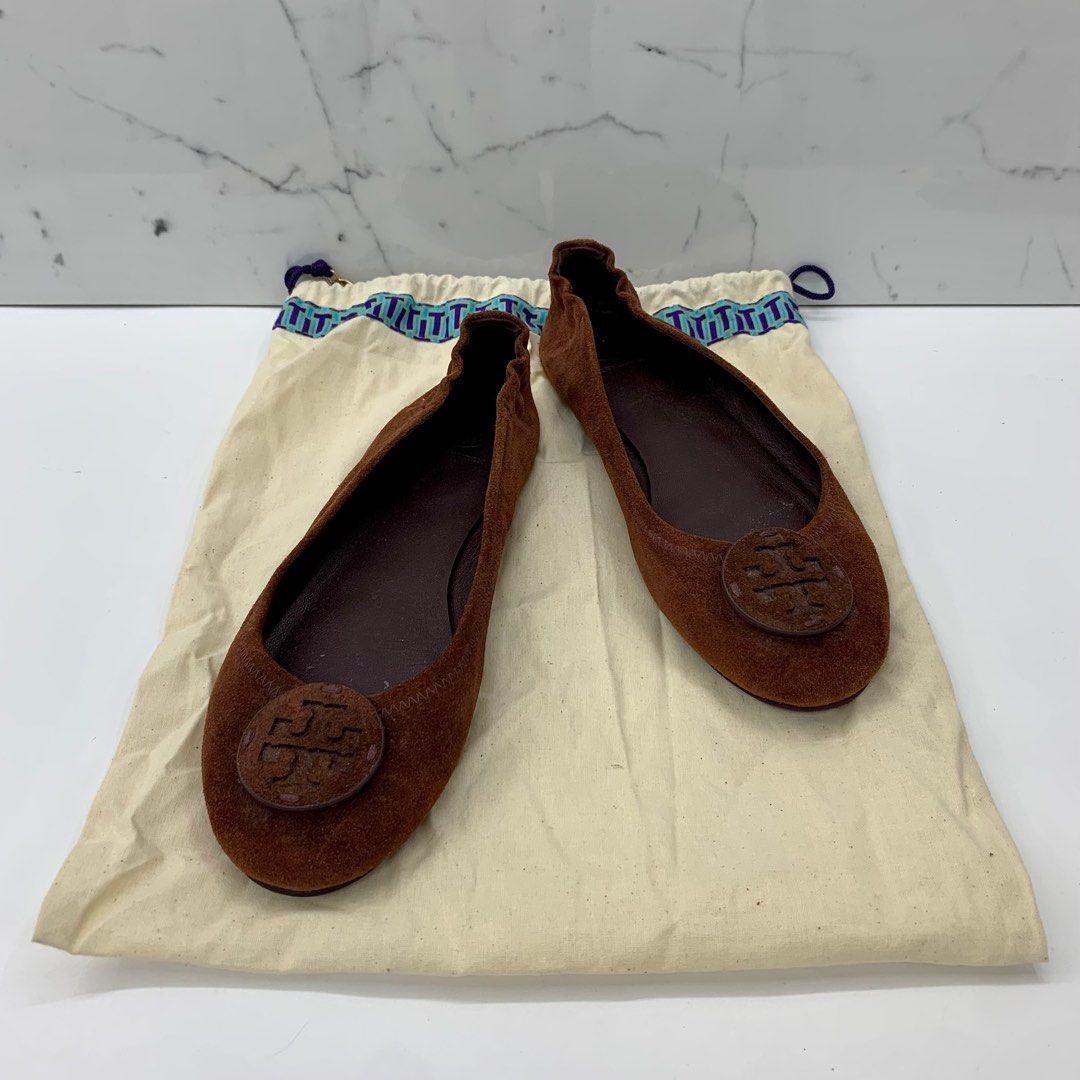 TORY BURCH BROWN SUEDE FLATS 237005565 ,, Women's Fashion, Footwear, Flats  on Carousell