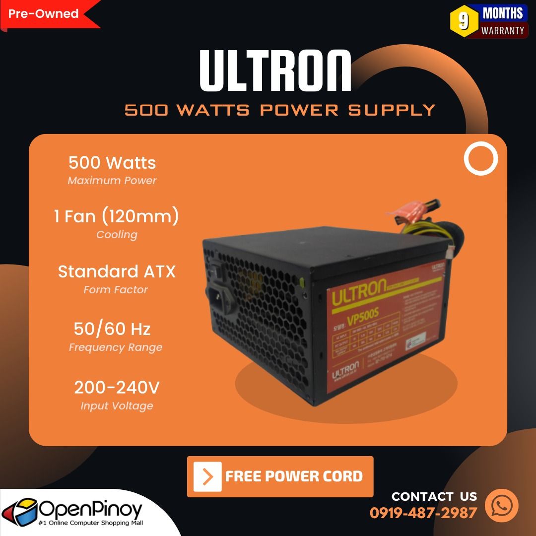 Ultron 500 Watts Power Supply PreOwned, Computers & Tech, Parts