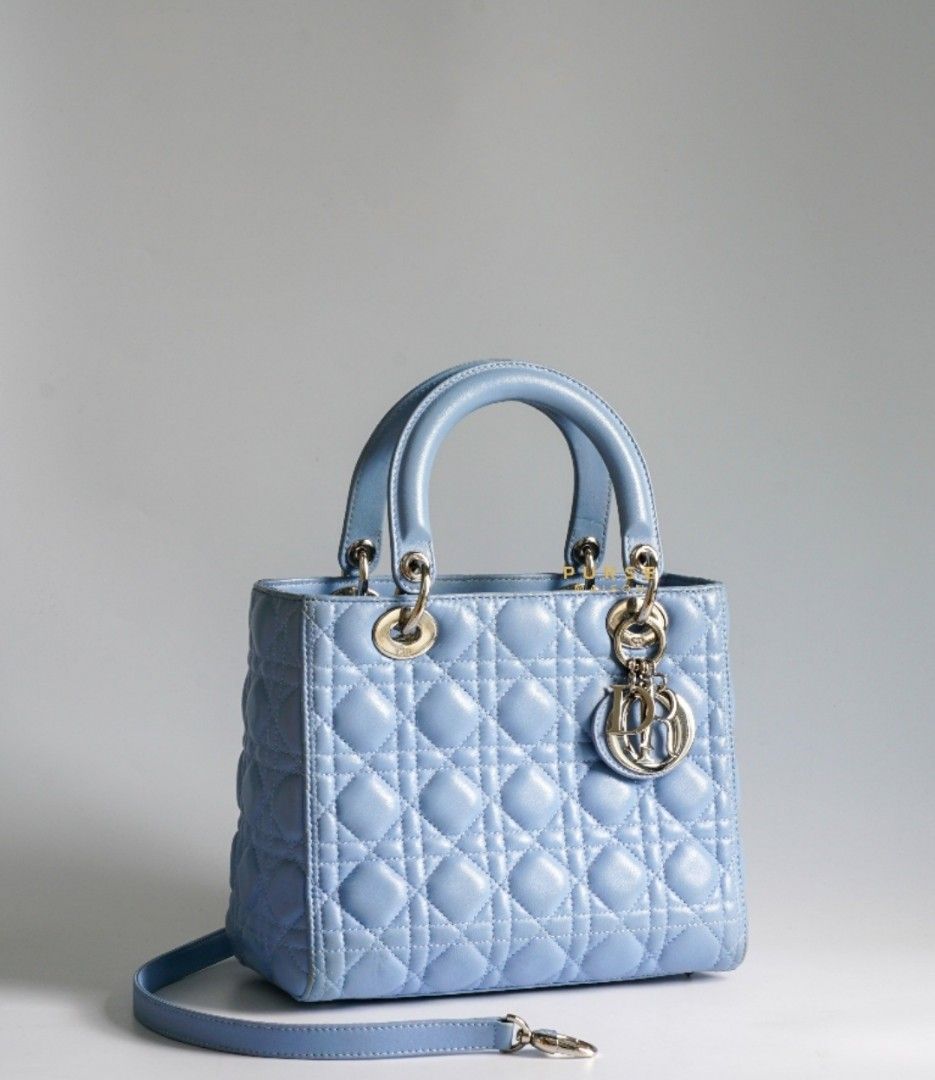 Very Good Condition Christian Dior Lady Dior Light Blue Medium Lambskin,  Luxury, Bags & Wallets On Carousell