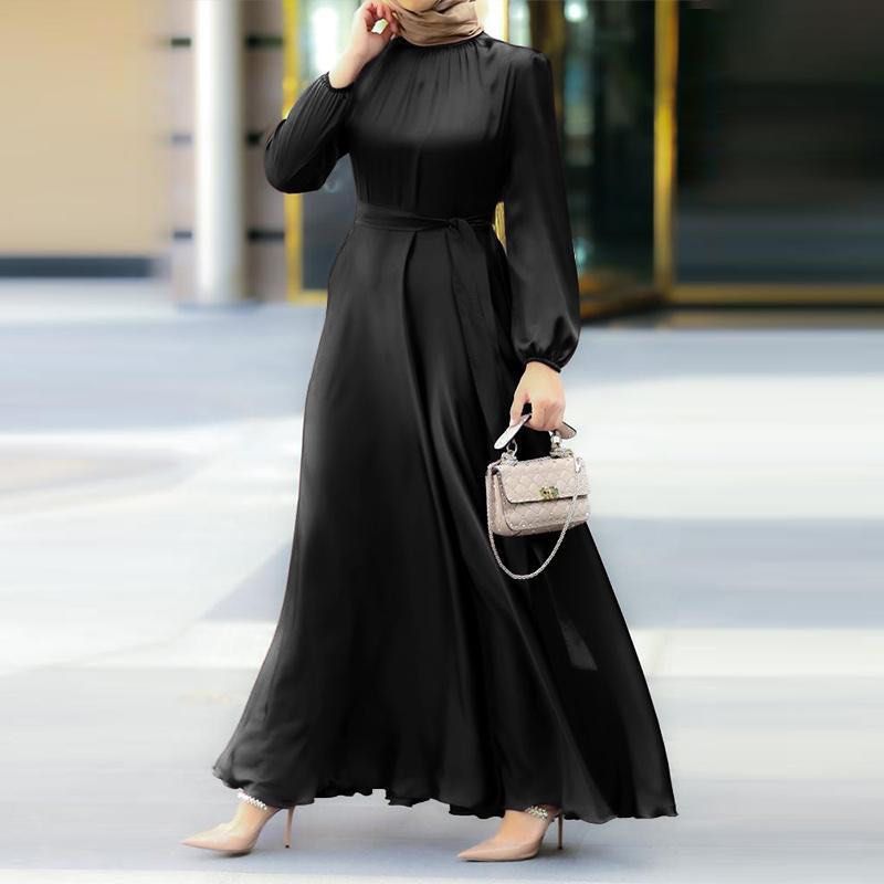 Women s Muslim style round neck long sleeve tie waist to show thin