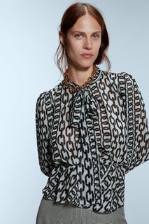ZARA Chain Print Blouse With Bow Size S