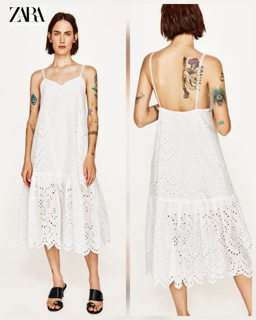 Zara Eyelet Dress Embroidery/ Zara Katbol Putih, Fesyen Wanita, Pakaian