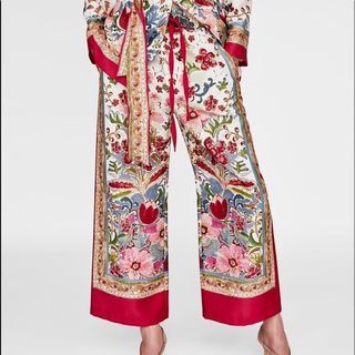 Zara Printed Red Floral Wide Leg Pants Culottes