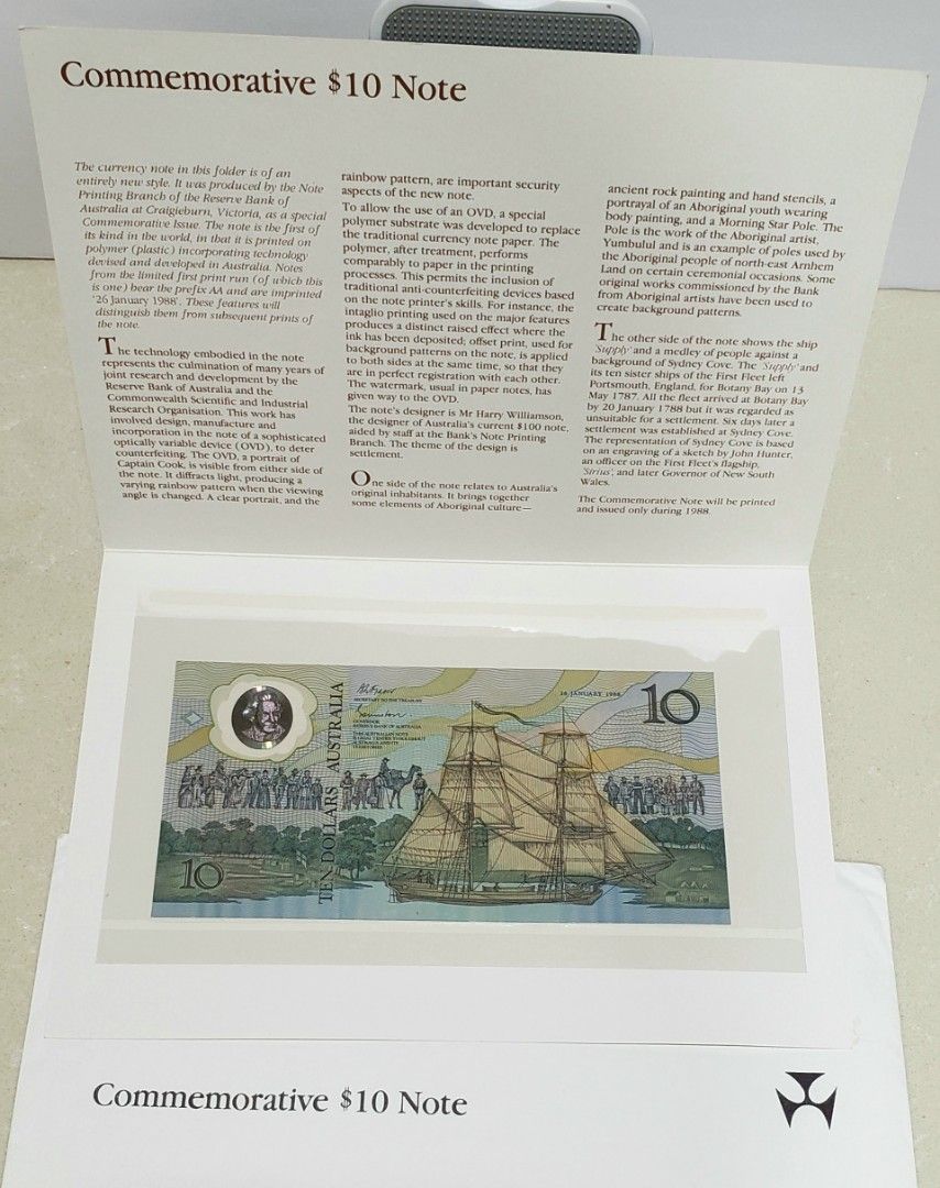 世界首張塑膠鈔票1988年澳洲建國200周年塑膠紀念鈔AA版10澳元全新直版UNC連原裝套册及信封