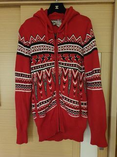 古著 古着 紅色 幾何圖案 連帽 毛線針織 外套 vintage 毛衣外套