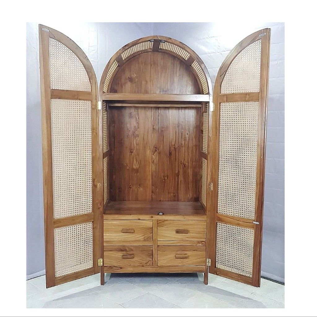 Arched Rattan Wardrobe with Solid Teak Wood Frame, Furniture