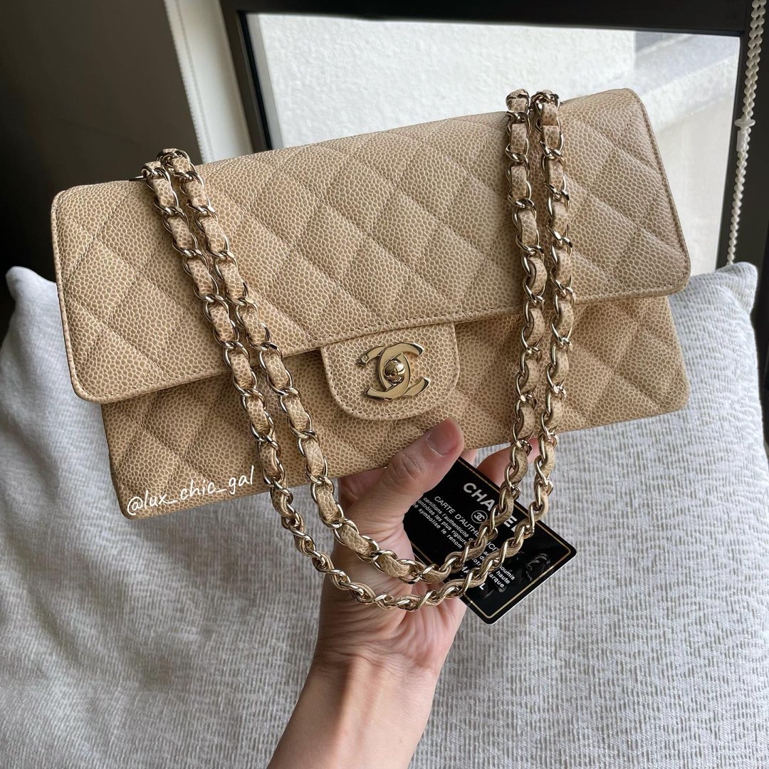 **SOLD**AUTHENTIC CHANEL Caviar Pigmented Light Beige Medium 10 Classic  Flap Bag 24k Gold Hardware FULL BOX SET, Luxury, Bags & Wallets on Carousell