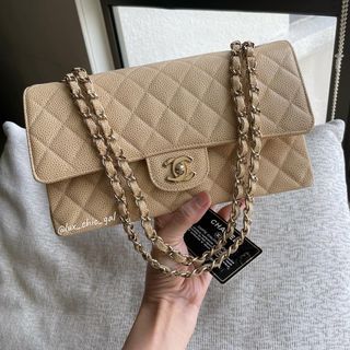 AUTHENTIC CHANEL Caviar Pigmented Light Beige Medium 10" Classic Flap Bag 24k Gold Hardware 🤎FULL BOX SET