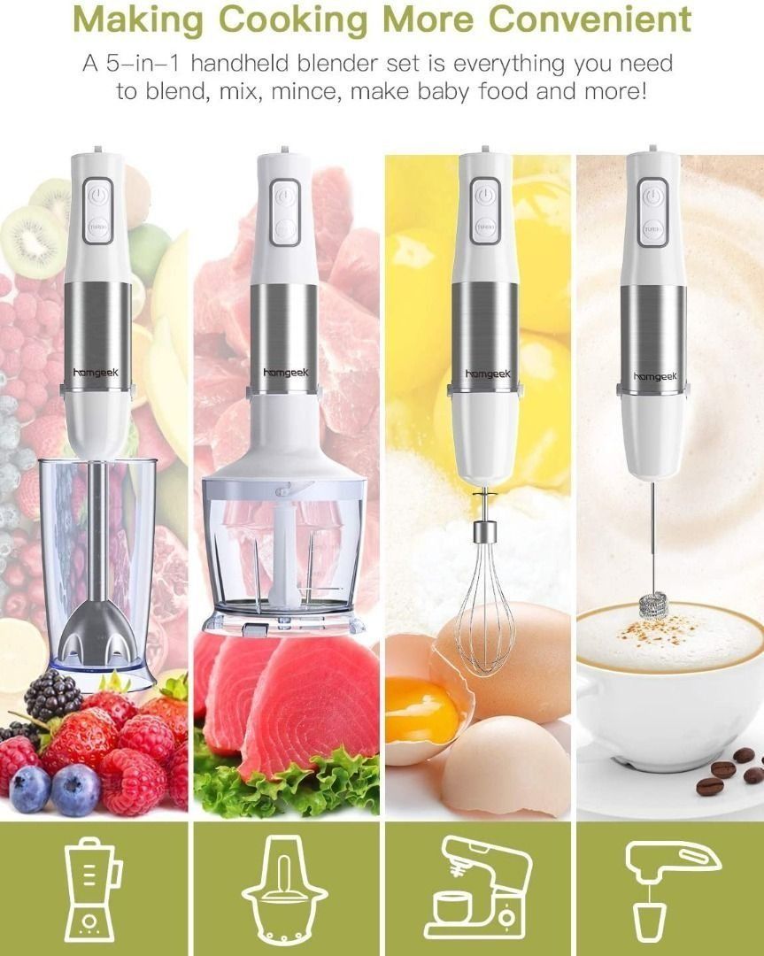 Immersion Blender Handheld, 500W 4 in 1 Hand Mixer Stick Blender with 304  Stainless Steel Blade, Food Processor, Beaker and Egg Whisk,BPA-Free, for