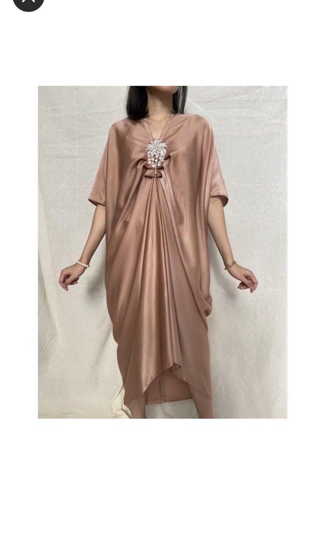 Champagne kaftan midi long dress lebaran silk sateen satin rose