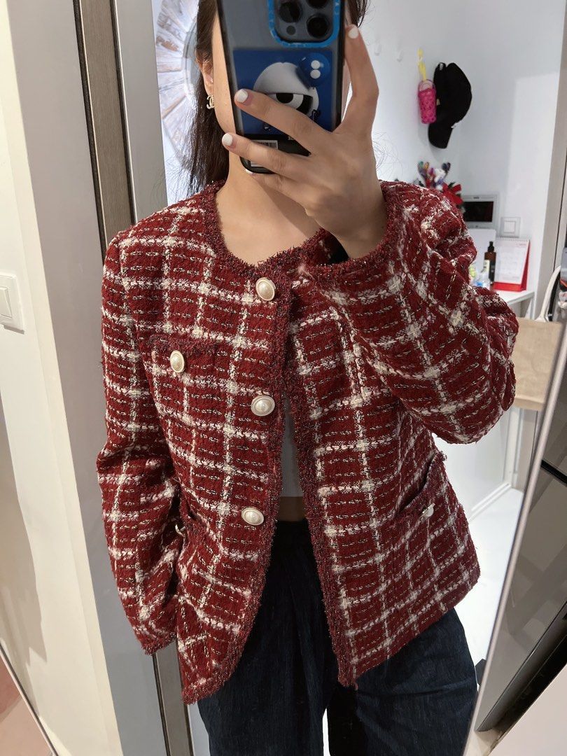 Red top tweed coat