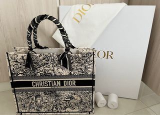 Large Dior Book Tote Chocolate Brown and Black Toile de Jouy Embroidery (42  x 35 x 18.5 cm)